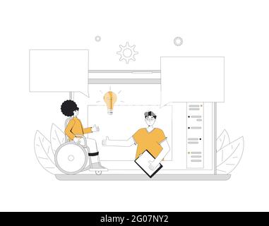 Réunion par appel vidéo. Réunion en ligne d'amis. Communication d'inclusion numérique. Collègues qui parlent les uns aux autres sur l'écran de l'ordinateur. Illustration vectorielle. Illustration de Vecteur