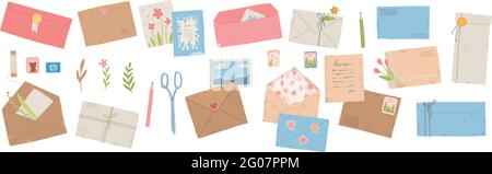 Collection de différentes enveloppes avec courrier, posters et cartes postales vecteur plat, illustration de dessin animé. Jeu de diverses lettres en papier artisanal, papeterie Illustration de Vecteur