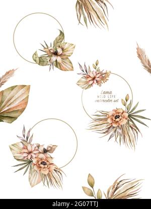 Mariage de la lunaria séchée, orchidée, pampas herbe couronne florale. Carte d'invitation à fleurs séchées exotiques, feuilles de palmier et boho. Cadre de modèle aquarelle, feuillage Banque D'Images