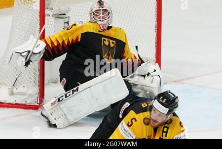 Riga, Lettonie. 1er juin 2021. Hockey sur glace: Championnat du monde, tour préliminaire, Groupe B, Allemagne - Lettonie: Gardien de but allemand Mathias Niederberger. Credit: Roman Koksarov/dpa/Alay Live News Banque D'Images