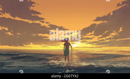 Femme debout sur la mer avec un poteau IV avec sac de sang et regardant le ciel de coucher de soleil, style d'art numérique, peinture d'illustration Banque D'Images