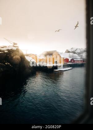 Vue incroyable sur les chalets jaunes et rouges situés sur la mer enneigée contre le ciel gris avec des oiseaux de la fenêtre du navire sur les îles Lofoten, Norvège Banque D'Images