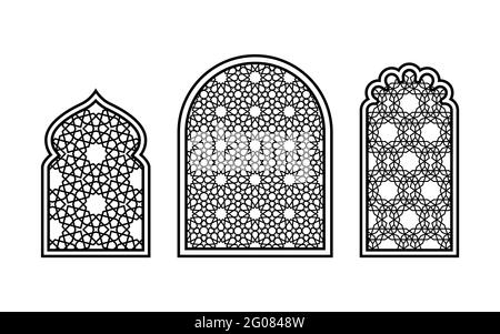 Fenêtres de style oriental à motifs géométriques islamiques traditionnels. Silhouettes pour sculpter sur fond blanc. Illustration vectorielle. Illustration de Vecteur