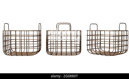 Panier en cuivre métallique. Vue de trois côtés, isolée sur blanc. Maquette. rendu 3d Banque D'Images
