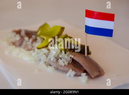 Dutch Herring pour en-cas avec le drapeau hollandais Banque D'Images