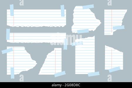 Morceaux de papier ligné blanc déchiré pour ordinateur portable différentes formes avec du ruban adhésif. Modèles de papier déchirés avec bord effiloché pour les éraflures, rappel, note de formation. Illustration vectorielle sur fond gris Illustration de Vecteur