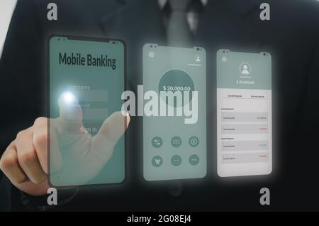 Homme main touchant l'interface d'interface de banque mobile de l'application sur un smartphone. Connexion de réseau de marketing numérique sur écran virtuel, Business technol Banque D'Images