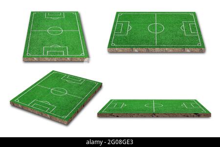 Rendu 3D. Collection de terrain de football sur gazon ou pelouse verte isolée sur fond blanc. Perspective différente Banque D'Images