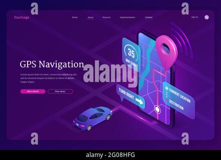 Bannière de navigation GPS. Service numérique en ligne pour véhicule avec recherche de position sur téléphone mobile. Page d'arrivée vectorielle de l'application d'itinéraire avec illustration isométrique de la voiture et du smartphone avec carte Illustration de Vecteur