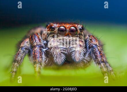 Femelle sautant l'araignée Evarcha falcata gros plan Banque D'Images