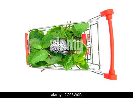 Copie en acier d'un cerveau humain sur une pile de feuilles de menthe fraîche dans un petit panier. Vue de dessus, isolée sur blanc. Concept d'idées originales et créatives. Banque D'Images