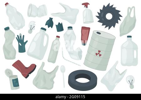 Ensemble d'illustrations de vecteur de pollution écologique, déchets et déchets. Collection de déchets de dessin animé avec sac de paquet de gants en plastique, bouteille en verre, pneu en caoutchouc de voiture et boîte isolée sur blanc Illustration de Vecteur