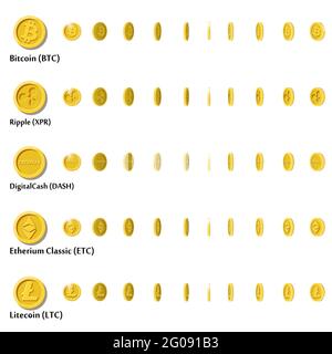 Pièces de monnaie en or de dessin animé plat avec symbole de monnaie crypto, ensemble d'icônes à différents angles pour l'animation. Illustration vectorielle moderne. Illustration de Vecteur