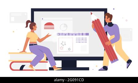 Illustration du vecteur de développement Web de conception UI ux. Caricature femme développeur personnage assis sur des livres à côté de l'écran d'ordinateur, homme tenant un gros crayon, travail sur l'application de site Web isolé sur blanc Illustration de Vecteur