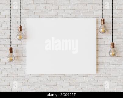 cadre de peinture blanc sur un mur de briques claires avec des ampoules de cuivre vintage autour d'elle illuminées dans une pièce lumineuse. rendu 3d Banque D'Images