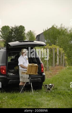 AUGUSTA, ÉTATS-UNIS - 30 avril 2009 : un artiste de plein air peint un paysage du Missouri. Banque D'Images