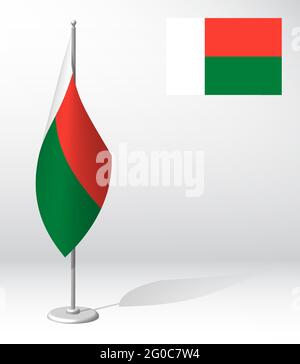 Drapeau de madagascar sur le mât pour l'enregistrement d'un événement solennel, rencontre d'invités étrangers. Journée nationale de l'indépendance de madagascar. Vecteur 3D réaliste Illustration de Vecteur