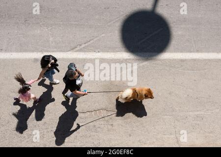 Termoli(CB),région de Molise,Italie:famille avec chien marchant sur le trottoir du port maritime de Termoli. Banque D'Images