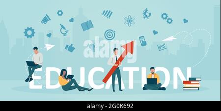 Vecteur d'un groupe de jeunes étudiants apprenant en ligne, lisant des livres Illustration de Vecteur