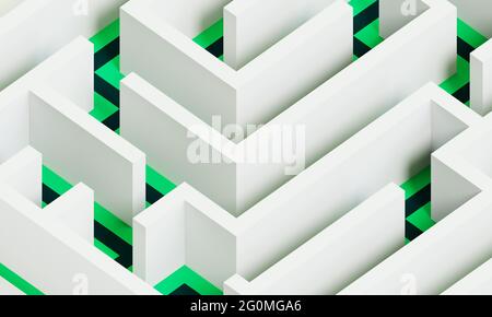 Vue rapprochée d'un labyrinthe géométrique blanc abstrait avec un sol vert Banque D'Images