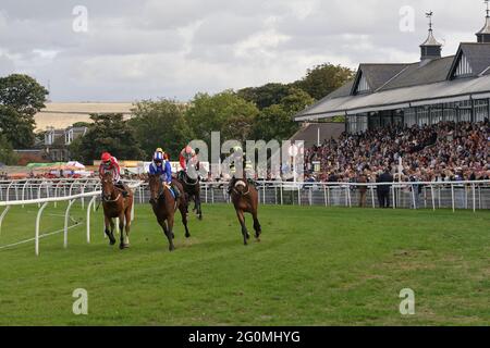 Courses hippiques exemplaires depuis 1816.chevaux et jockeys pendant une course à Musselburgh Racecourse, East, Lothian, Scotland, UK Banque D'Images