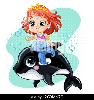 Petite sirène mignonne à cheval sur un orque. Un personnage de dessin animé. Illustration vectorielle isolée sur fond blanc. Pour un t-shirt, un imprimé et un motif, Illustration de Vecteur