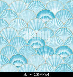 Aquarelle coquillage vagues japonaises motif sans couture. Sarcelle dessinés à la main coquillages texture vintage fond d'océan. Illustration marine aquarelle. PRI Banque D'Images