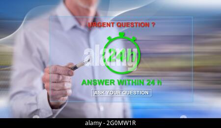Homme touchant un concept de questions urgentes sur un écran tactile avec un stylet Banque D'Images