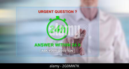 Homme touchant un concept de questions urgentes sur un écran tactile avec son doigt Banque D'Images