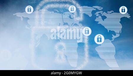 Composition des icônes de cadenas de sécurité en ligne sur la carte du monde Banque D'Images