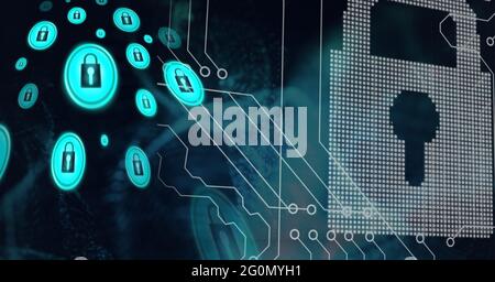 Composition des icônes de cadenas de sécurité en ligne sur la carte électronique de l'ordinateur Banque D'Images