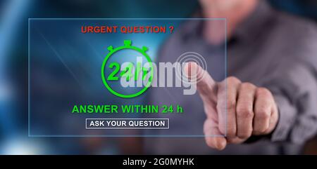 Homme touchant un concept de questions urgentes sur un écran tactile avec son doigt Banque D'Images