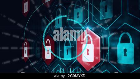 Composition des icônes de cadenas de sécurité en ligne et analyse de l'oscilloscope Banque D'Images