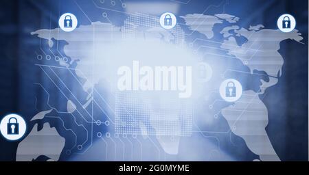 Composition des icônes de cadenas de sécurité en ligne sur la carte électronique de l'ordinateur et la carte du monde Banque D'Images