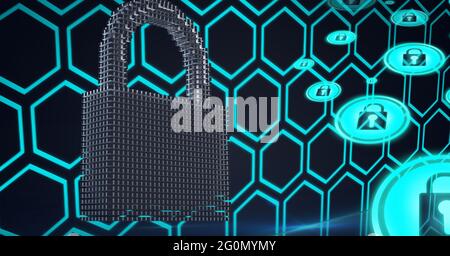 Composition d'icônes de cadenas de sécurité en ligne sur des hexagones Banque D'Images