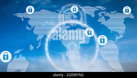 Composition des icônes de cadenas de sécurité en ligne sur la carte du monde Banque D'Images
