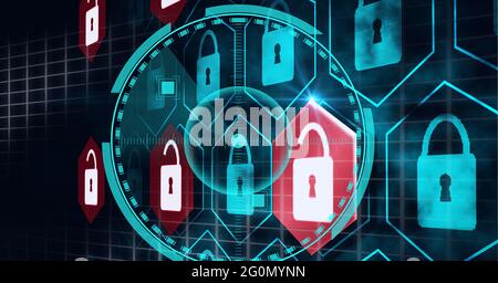 Composition des icônes de cadenas de sécurité en ligne et analyse de l'oscilloscope Banque D'Images