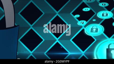 Composition d'icônes de cadenas de sécurité en ligne sur des diamants bleus Banque D'Images