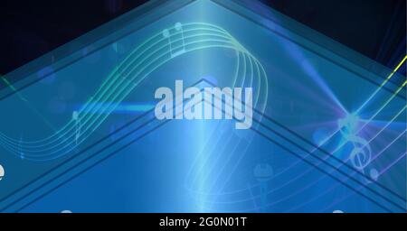 Composition de musique jaune courbée et notes sur chevron bleu brillant avec lumières sur noir Banque D'Images