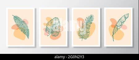 Ensemble d'œuvres d'art décoratif pour mur à fond botanique abstrait. Collection d'affiches à feuilles de palmier dessinées à la main avec formes géométriques Illustration de Vecteur