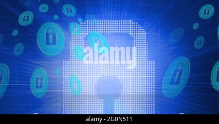 Composition d'icônes de cadenas de sécurité en ligne sur des rayons lumineux bleus Banque D'Images