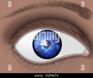 Réflexion oculaire. Horizon de la ville. Rendu 3D. Banque D'Images