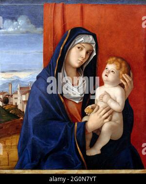 Madonna et l'enfant de Giovanni Bellini (v.1435-1516), huile sur bois, fin des années 1480 Banque D'Images