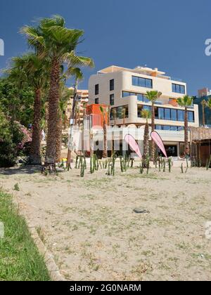 Le Beach Club Higueron. Benalmadena Costa, province de Malaga, Andalousie, Espagne. Banque D'Images