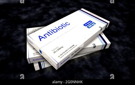 Ligne de production d'antibiotiques. Usine de boîte de médicaments de thérapie médicale. Illustration du rendu 3d du concept abstrait. Banque D'Images