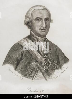 Charles IV (1748-1819). Roi d'Espagne (1788-1808). Dynastie Bourbon. Portrait. Illustration par Antonio Gómez. Gravure de Domingo Martínez. Historia del Levantamiento, guerra y revolución de España par la Conde de Toreno. Madrid, 1851. Banque D'Images