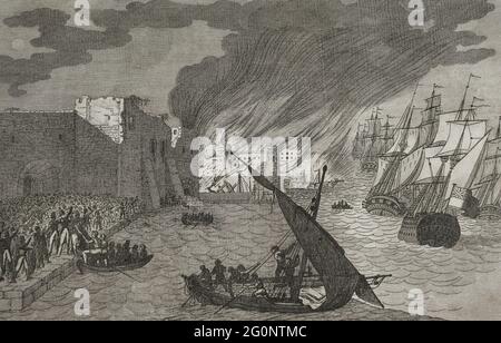 France. Guerres révolutionnaires françaises. Siège de Toulon, 1793. Les Espagnols et les Anglais dirigés par Federico Gravina et Sir Samuel Hood ont défendu la ville contre les forces républicaines. Évacuation de Toulon par la marine anglo-espagnole en 1793. Illustration de Miranda. Gravure. Historia del Levantamiento, guerra y revolución de España par la Conde de Toreno. Madrid, 1851. Banque D'Images