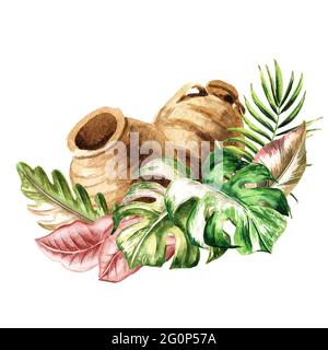 Vieux pots en céramique et feuilles exotiques tropicales ou de jungle. Illustration aquarelle dessinée à la main, isolée sur fond blanc Banque D'Images