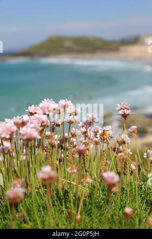 Plage de Porthmeor sûre et sablonneuse, populaire auprès des surfeurs et des nageurs, à St Ives, Cornwall, Royaume-Uni Banque D'Images