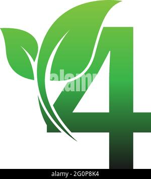 Numéro 4 avec feuille verte logo design modèle illustration vecteur Illustration de Vecteur